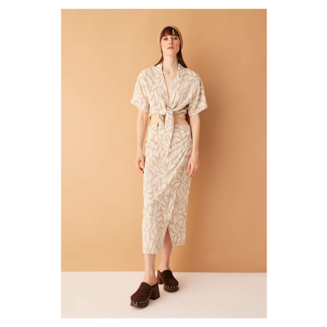 DEFACTO Printed Normal Waist Linen Blend Midi Skirt