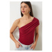 Happiness İstanbul Women's Burgundy One Shoulder Gathered Knitted Blouse