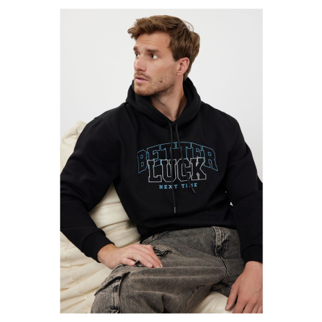 Trendyol Black Regular Cut Text Embroidered Hooded Sweatshirt