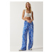 Happiness İstanbul Women's Blue and White Patterned Flowing Viscose Palazzo Trousers