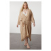 Trendyol Curve Beige Hem Tasseled Bat Sleeve Viscose Beach Wear Kimono & Kaftan