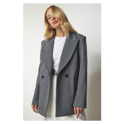 Happiness İstanbul Women's Light Gray Double Breasted Collar Pocket Stamped Jacket