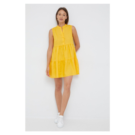 Ľanové šaty Sisley žltá farba, mini, áčkový strih