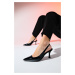 LuviShoes FLEM Black Patent Leather Women's Pointed Toe Open Back Thin Heel Shoes