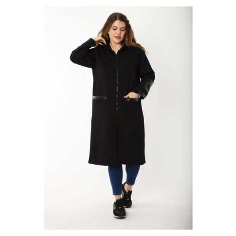 Şans Women's Plus Size Black Front Zippered Hooded Unlined Faux Leather Garnish Coat