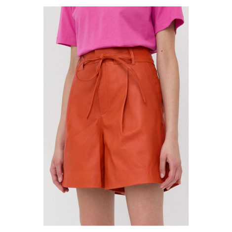 Kožené krátke nohavice Gestuz dámske, oranžová farba, jednofarebné, vysoký pás