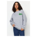 Trendyol Gray Melange Thick Fleece Inside, Embroidery Oversized/Wide Knitted Sweatshirt