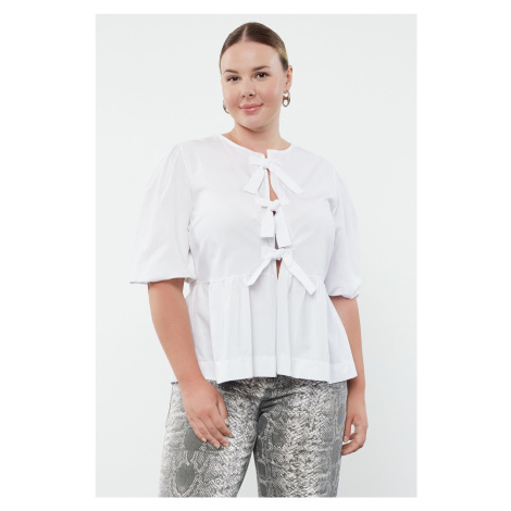 Trendyol Curve White Women's Bow/Lace Woven Plus Size Blouse