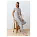 Trendyol Gray Motto Printed Striped Knitted Pajamas Set