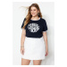 Trendyol Curve Navy Blue Printed Crop 100% Cotton Knitted T-shirt