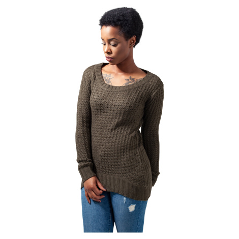 Women's sweater with a long wide neckline - olive