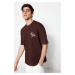 Trendyol Brown Oversize/Wide Cut Short Sleeve Text Printed 100% Cotton T-Shirt