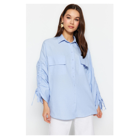 Trendyol Light Blue Woven Cotton Shirt with Adjustable Gathering Detail on Sleeves