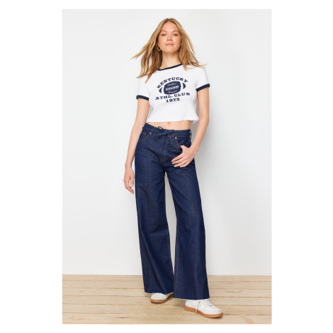 Trendyol Dark Blue More Sustainable High Waist Wide Leg Jeans with Waist Detail