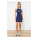 Trendyol Navy Blue Slogan Printed Fitted Short Sleeve Knitted Mini Stretch Dress