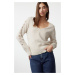 Trendyol Stone Openwork/Hole Cotton V Neck Knitwear Sweater