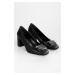 Shoeberry Women's Lorenzo Black Skin Buckle Heeled Shoes