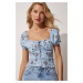 Happiness İstanbul Women's Sky Blue Floral Gathered Collar Knitted Crop Blouse