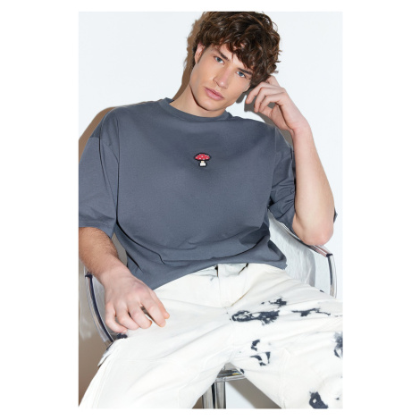 Trendyol Anthracite Oversize Mushroom Embroidery 100% Cotton T-Shirt