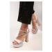 Shoeberry Women's Flora Silver Satin Stones Platform Heels.