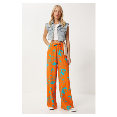 Happiness İstanbul Women's Orange Blue Patterned Flowy Viscose Palazzo Trousers