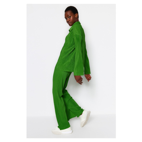 Trendyol Green Pleat and Regular Buttons, Knitted Top-Top Set