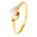 Diamantový prsteň zo 14K zlata, dvojfarebné vlnky, číry briliant a biela perla - Veľkosť: 64 mm