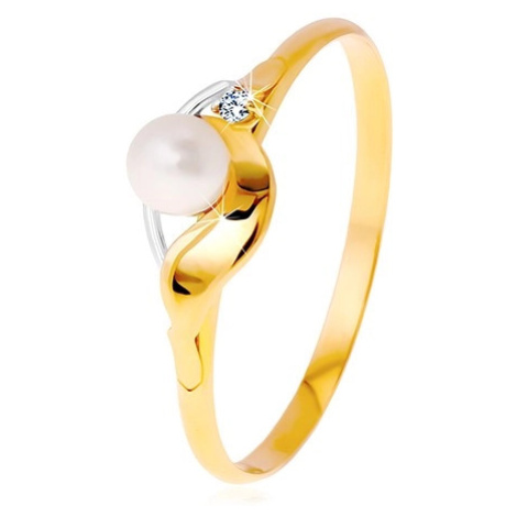 Diamantový prsteň zo 14K zlata, dvojfarebné vlnky, číry briliant a biela perla - Veľkosť: 64 mm