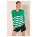 Bigdart 15820 Button Detail Striped Sweater - Green