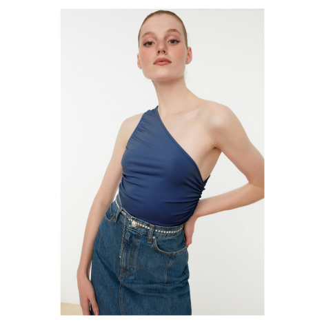 Trendyol Blue One-Shoulder Gathered Knitted Blouse