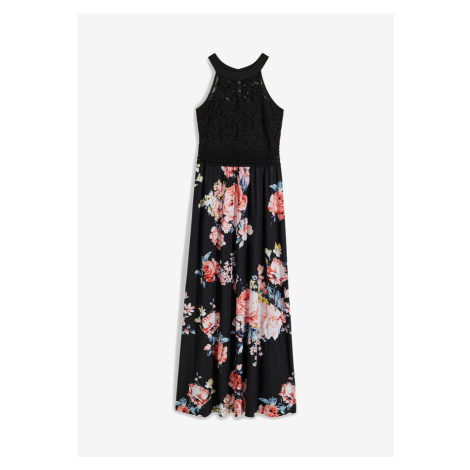 Maxi šaty s kvetovanou potlačou a čipkou bonprix