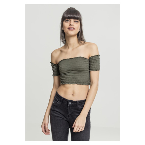 Ladies Cropped Cold Shoulder Smoke Top Olive Urban Classics