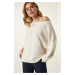 Happiness İstanbul Cream Boat Neck Seasonal Oversize Knitwear Sweater