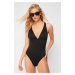 Trendyol Black V-Neck Textured Regular Swimsuit