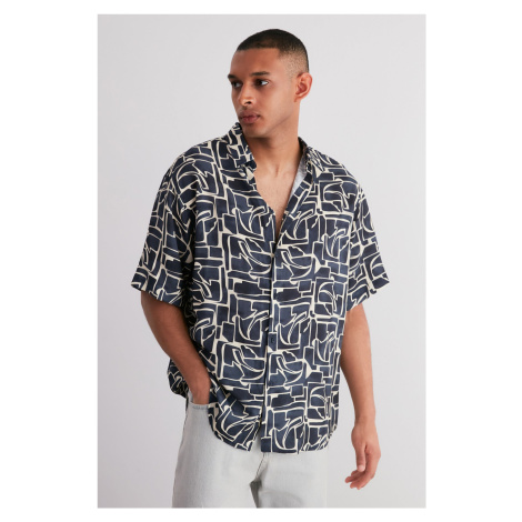 Trendyol Navy Blue Oversize Fit 100% Viscose Patterned Short Sleeve Flowy Summer Shirt