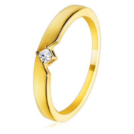 Zlatý prsteň z 9K zlata - s výrezom a vystupujúcim štvorcovým zirkónom osadenom v štvorcípom kot