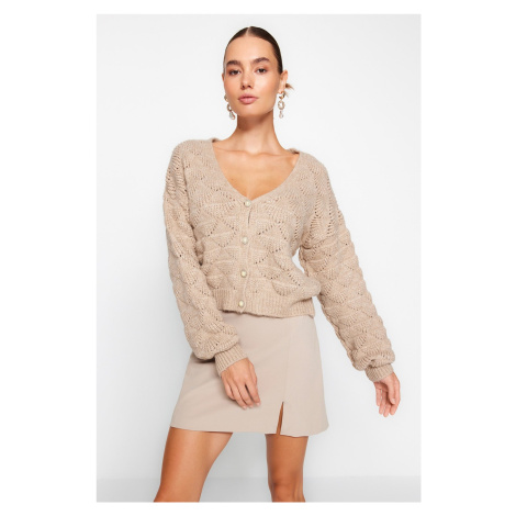 Trendyol Mink Openwork/Perforated V-Neck Knitwear Cardigan