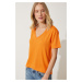 Happiness İstanbul Women's Orange V-Neck Basic Viscose Knitted T-Shirt