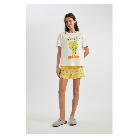 DEFACTO Fall In Love Looney Tunes Pajama Set Short Sleeve Top Shorts Elastic Waist Bottom