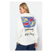 Trendyol Ecru Printed Oversize Crew Neck Knitted Sweatshirt