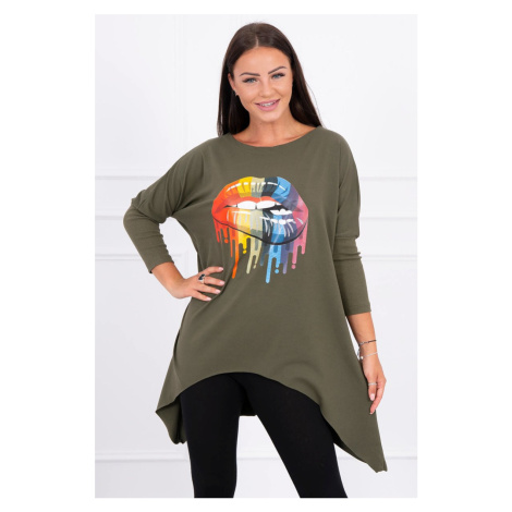 Oversize blouse with khaki rainbow lips print