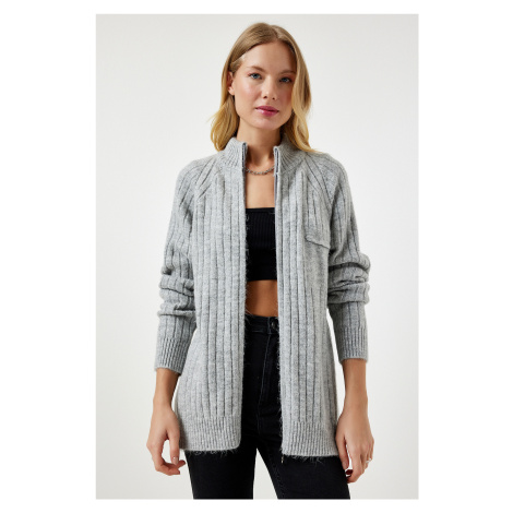 Happiness İstanbul Women's Gray Zippered Knitwear Cardigan