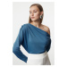 Trendyol Indigo Regular Asymmetric Collar Flowy Snap-Front Flexible Knitted Blouse