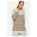 Trendyol Stone Striped Zipper Detailed Knitwear Sweater