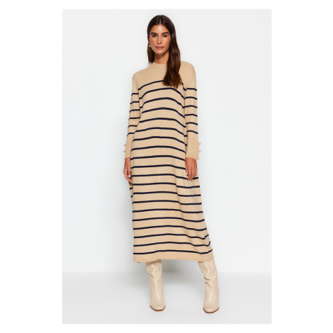 Trendyol Stone Sleeves Button Detailed Striped Knitwear Dress