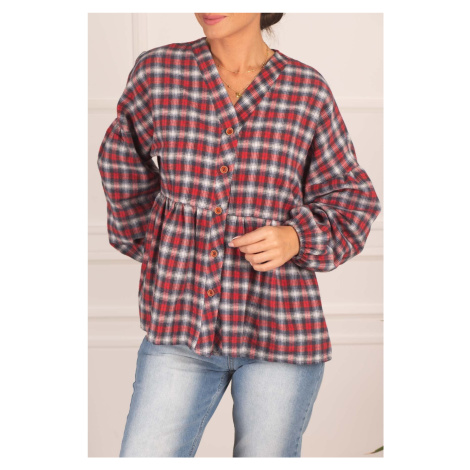 armonika Women's Light Navy Blue Bottoms Checkered Stamped Stamp Shirt with Smocked Sleeves and 
