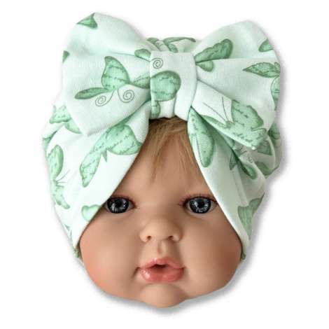 Detská turbánová čiapka- Motýlik, zelená 0-9m.