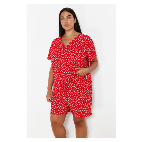 Trendyol Curve Red Flower Patterned V-Neck Knitted Pajama Set