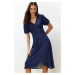 Trendyol Navy Blue Balloon Sleeve Printed Midi Flexible Knitted Midi Dress