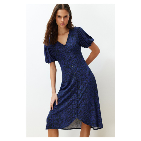 Trendyol Navy Blue Balloon Sleeve Printed Midi Flexible Knitted Midi Dress